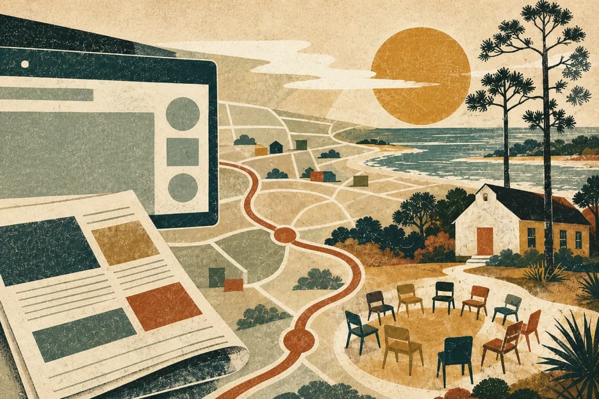 Editorial field-guide illustration: a path from digital tools to a circle of chairs outside a house in Florida